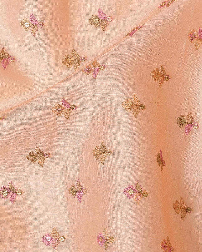 Peach Pure Tussar Silk Fabric with Embroidered Motifs, 110 cm Width-D20698