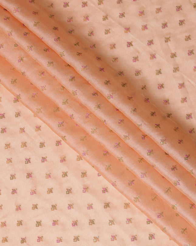 Peach Pure Tussar Silk Fabric with Embroidered Motifs, 110 cm Width-D20698