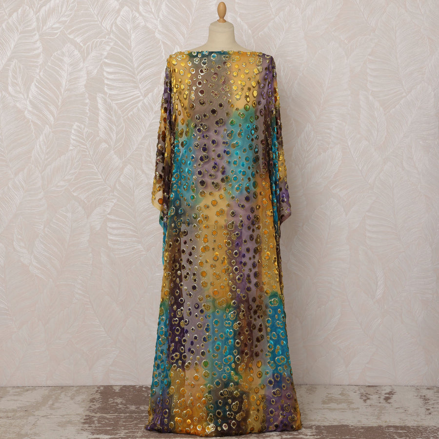 Yellow, Purple, and Blue Silk Chiffon Velvet Dirac Fabric with Metallic Lurex, 3.5 Meters, 140 cm Width-D20783