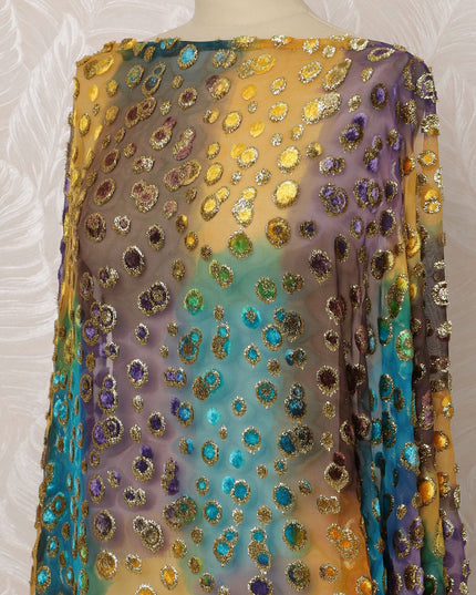 Yellow, Purple, and Blue Silk Chiffon Velvet Dirac Fabric with Metallic Lurex, 3.5 Meters, 140 cm Width-D20783