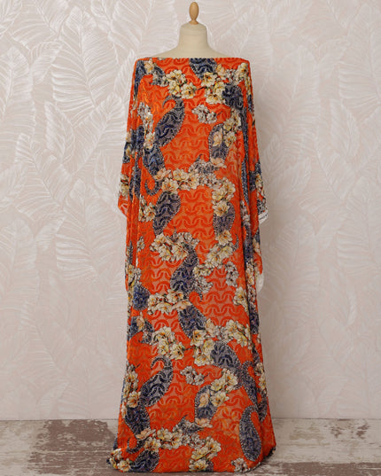 Orange and Blue Floral Silk Velvet Dirac Fabric, 3.5 Meters, 140 cm Width-D20784