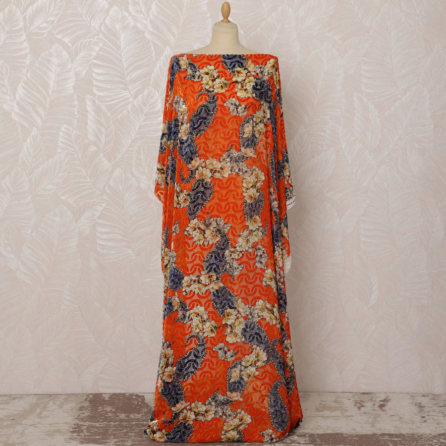 قماش ديراك من الحرير المخملي المزهر باللونين البرتقالي والأزرق، 3.5 متر، عرض 140 سم - D20784