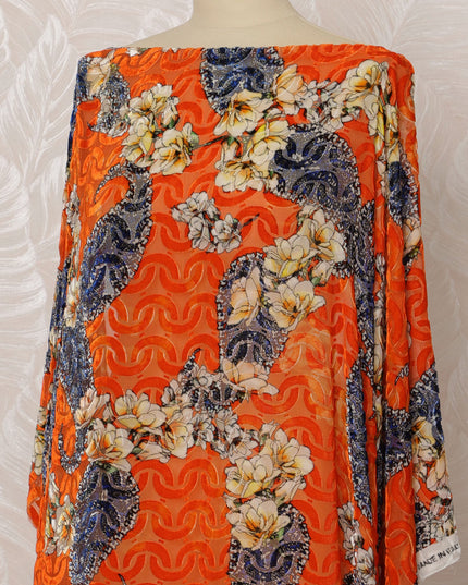 Orange and Blue Floral Silk Velvet Dirac Fabric, 3.5 Meters, 140 cm Width-D20784