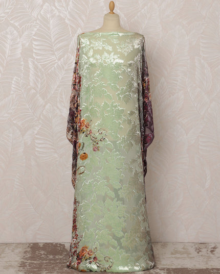 Mint Green and Silver Floral Silk Chiffon Velvet Dirac Fabric with Metallic Lurex, 3.5 Meters, 140 cm Width-D20787