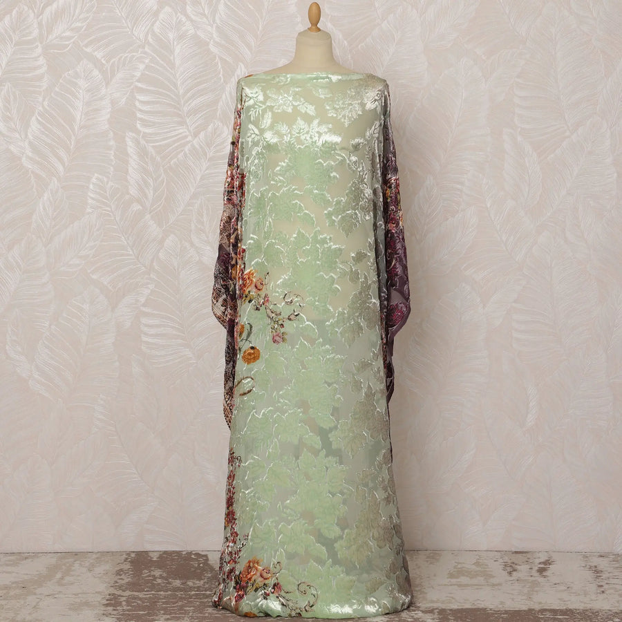 Mint Green and Silver Floral Silk Chiffon Velvet Dirac Fabric with Metallic Lurex, 3.5 Meters, 140 cm Width-D20787 Regal Fabrics