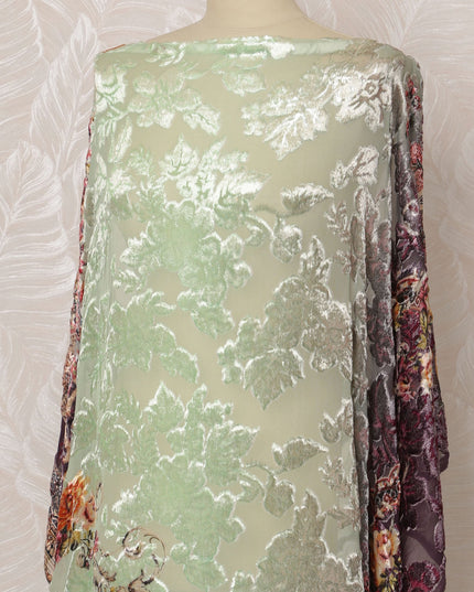 Mint Green and Silver Floral Silk Chiffon Velvet Dirac Fabric with Metallic Lurex, 3.5 Meters, 140 cm Width-D20787