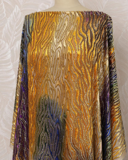 Gold, Blue, and Orange Silk Chiffon Velvet Dirac Fabric with Metallic Lurex, 3.5 Meters, 140 cm Width-D20788