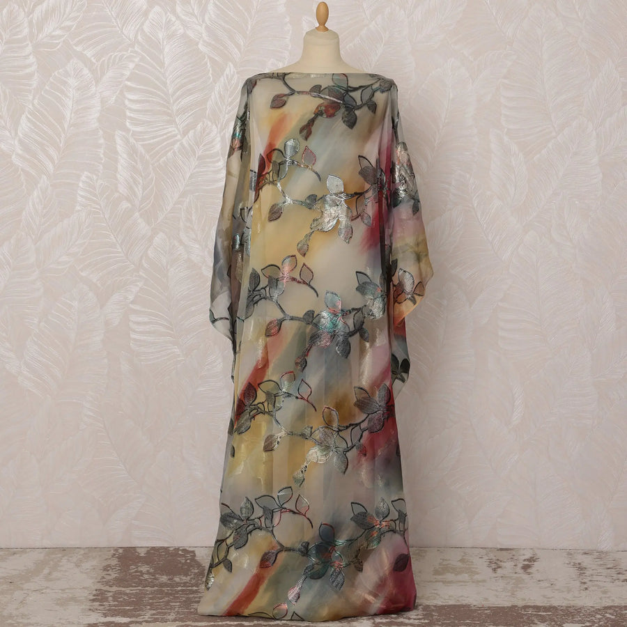 Pastel Multicolor Leaf Pattern Silk Chiffon Dirac Fabric with Metallic Lurex, 3.5 Meters, 140 cm Width-D20790 Regal Fabrics