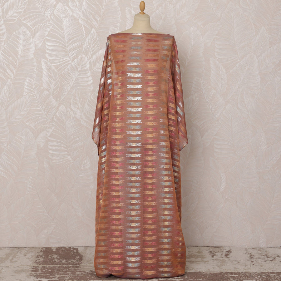 Copper and Pink Striped Silk Chiffon Dirac Fabric with Metallic Lurex, 3.5 Meters, 140 cm Width-D20791