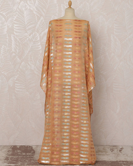 Peach and Silver Striped Silk Chiffon Dirac Fabric with Metallic Lurex, 3.5 Meters, 140 cm Width-D20792