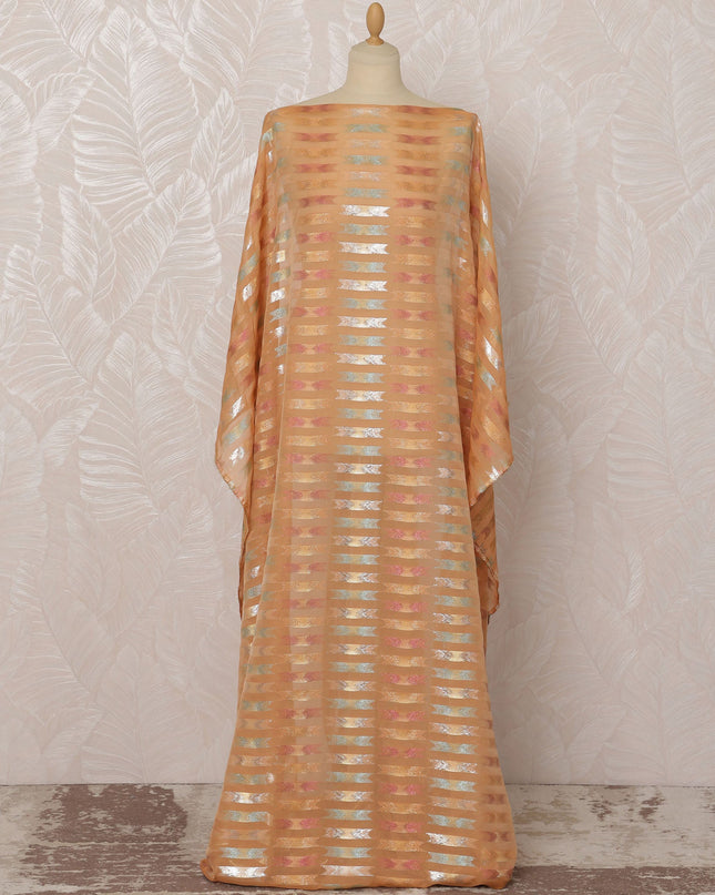 Peach and Silver Striped Silk Chiffon Dirac Fabric with Metallic Lurex, 3.5 Meters, 140 cm Width-D20792