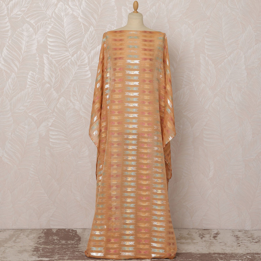 Peach and Silver Striped Silk Chiffon Dirac Fabric with Metallic Lurex, 3.5 Meters, 140 cm Width-D20792