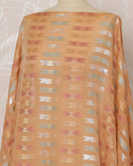 Peach and Silver Striped Silk Chiffon Dirac Fabric with Metallic Lurex, 3.5 Meters, 140 cm Width-D20792