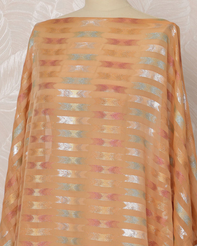 Peach and Silver Striped Silk Chiffon Dirac Fabric with Metallic Lurex, 3.5 Meters, 140 cm Width-D20792