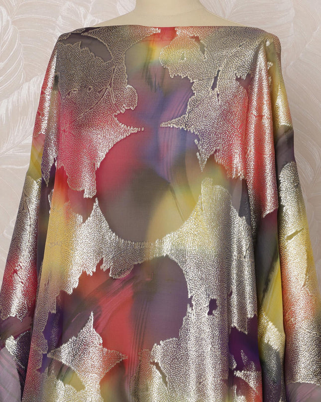 Multicolor and Silver Leaf Pattern Silk Chiffon Dirac Fabric with Metallic Lurex, 3.5 Meters, 140 cm Width-D20793