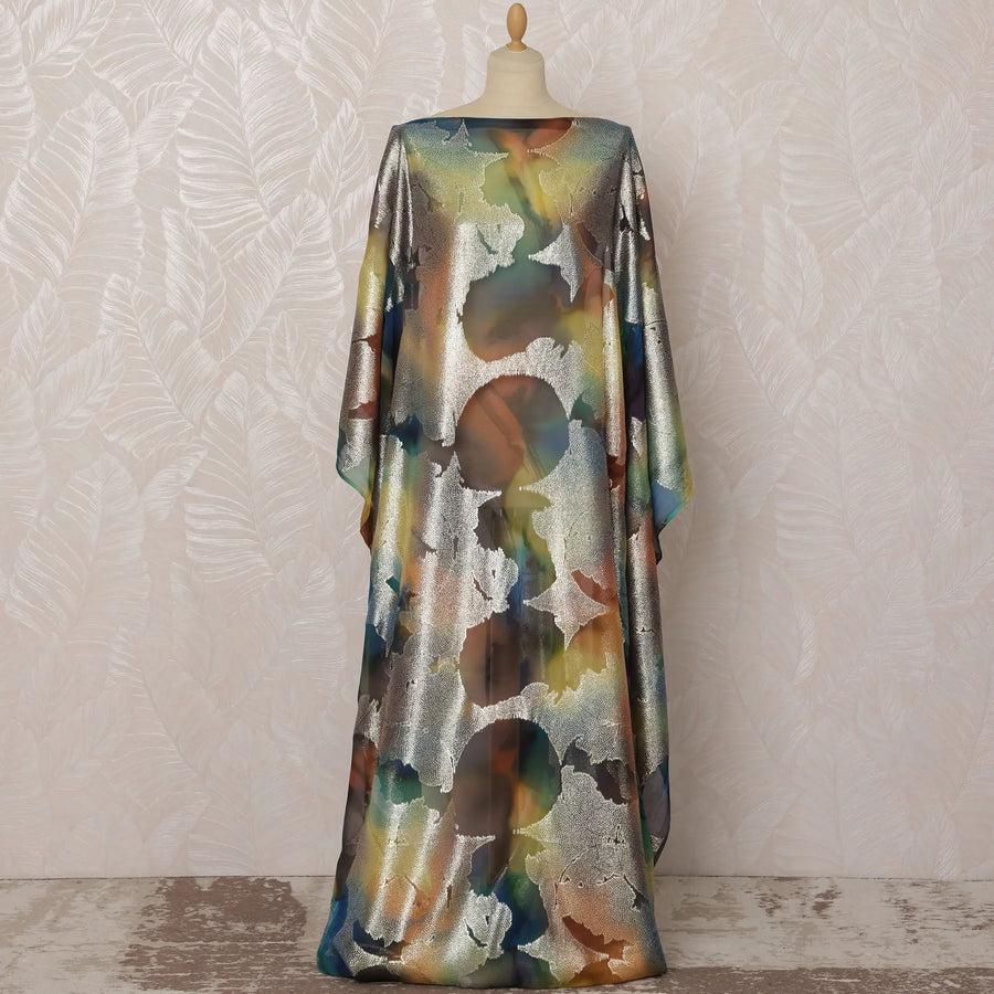 Multicolor and Silver Abstract Silk Chiffon Dirac Fabric with Metallic Lurex, 3.5 Meters, 140 cm Width-D20794 Regal Fabrics