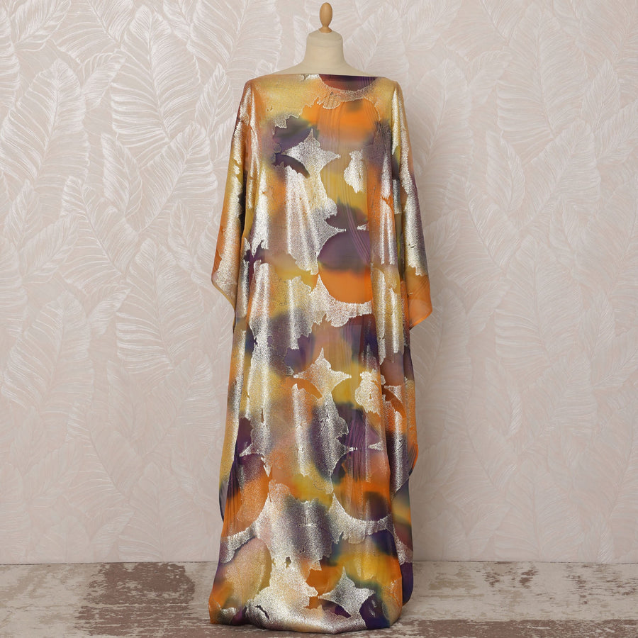 قماش شيفون حرير ديراك تجريدي باللونين البرتقالي والفضي مع لوركس معدني، 3.5 متر، عرض 140 سم - D20795