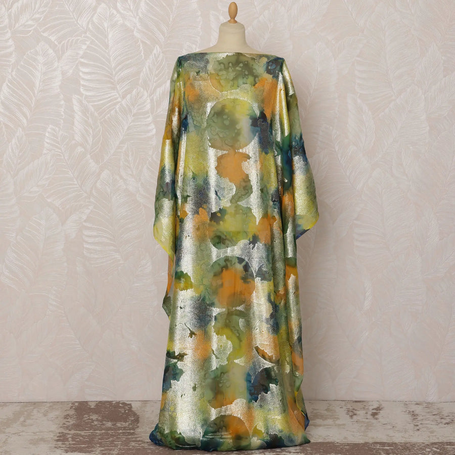 Green and Gold Abstract Silk Chiffon Dirac Fabric with Metallic Lurex, 3.5 Meters, 140 cm Width-D20796 Regal Fabrics