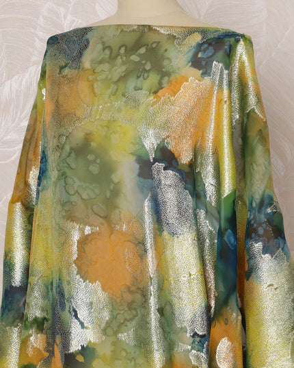 Green and Gold Abstract Silk Chiffon Dirac Fabric with Metallic Lurex, 3.5 Meters, 140 cm Width-D20796