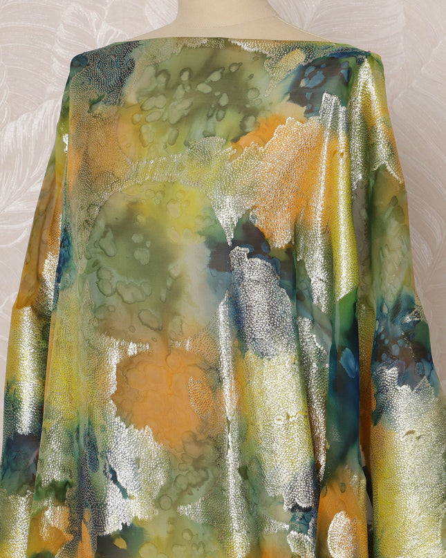 Green and Gold Abstract Silk Chiffon Dirac Fabric with Metallic Lurex, 3.5 Meters, 140 cm Width-D20796