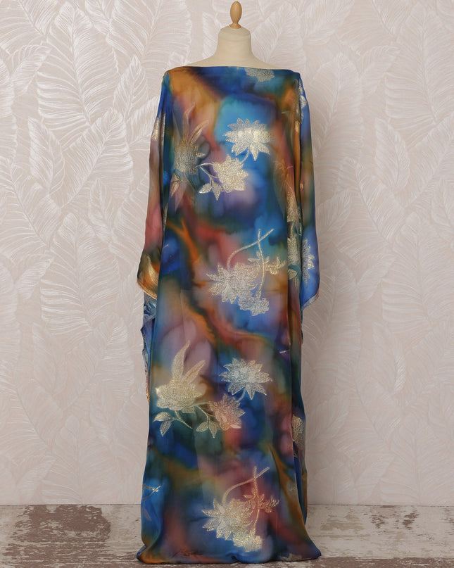 Blue and Gold Floral Silk Chiffon Dirac Fabric with Metallic Lurex, 3.5 Meters, 140 cm Width-D20798