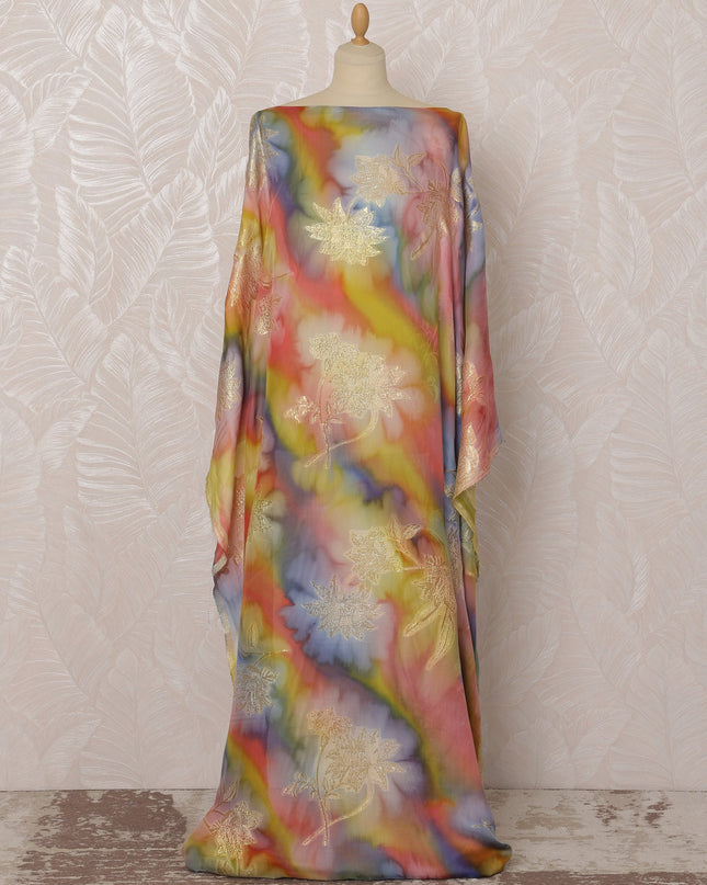 Rainbow and Gold Floral Silk Chiffon Dirac Fabric with Metallic Lurex, 3.5 Meters, 140 cm Width-D20799