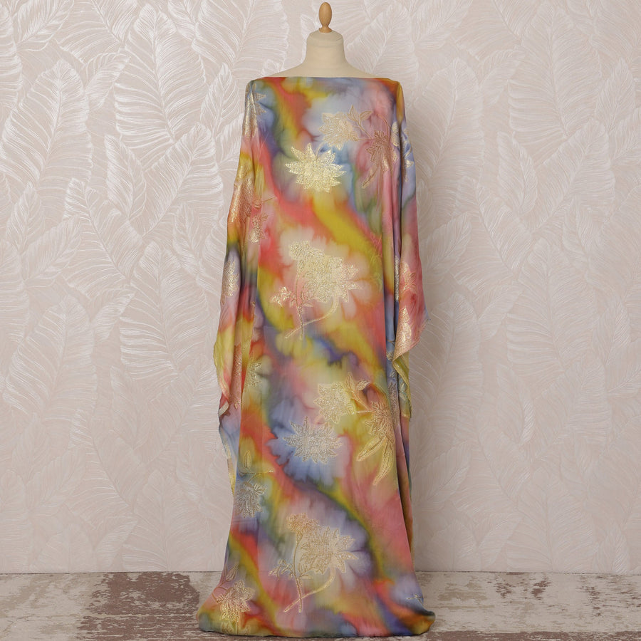 Rainbow and Gold Floral Silk Chiffon Dirac Fabric with Metallic Lurex, 3.5 Meters, 140 cm Width-D20799