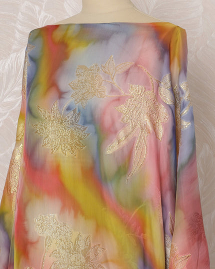 Rainbow and Gold Floral Silk Chiffon Dirac Fabric with Metallic Lurex, 3.5 Meters, 140 cm Width-D20799