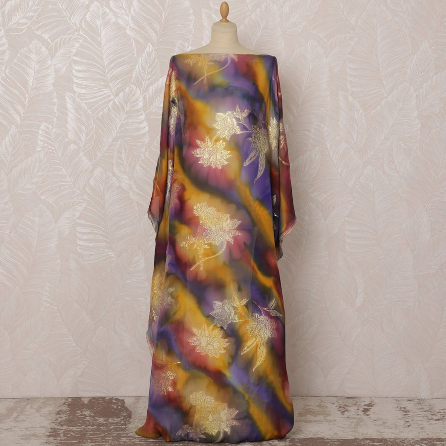 قماش ديراك شيفون حرير مزهر باللونين الأرجواني والذهبي مع لوركس معدني، 3.5 متر، عرض 140 سم - D20800