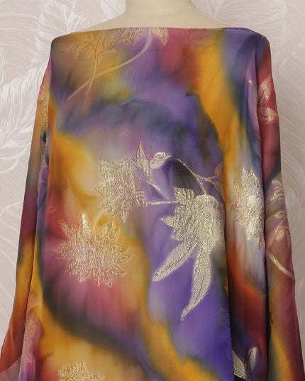 Purple and Gold Floral Silk Chiffon Dirac Fabric with Metallic Lurex, 3.5 Meters, 140 cm Width-D20800