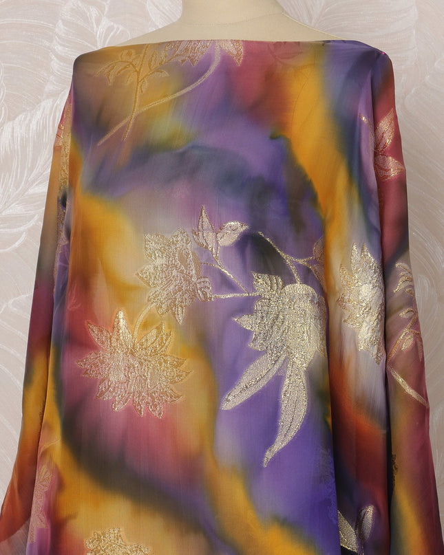 Purple and Gold Floral Silk Chiffon Dirac Fabric with Metallic Lurex, 3.5 Meters, 140 cm Width-D20800