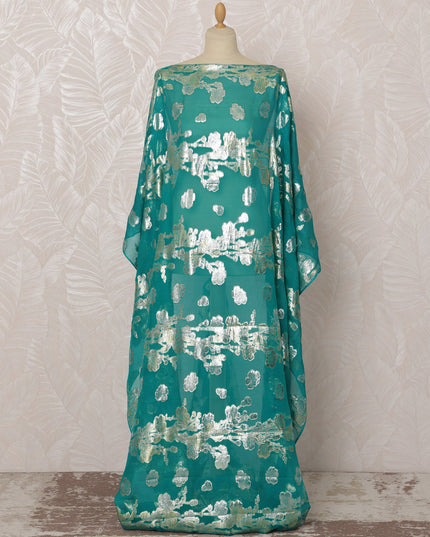 Turquoise and Silver Floral Silk Chiffon Dirac Fabric with Metallic Lurex, 3.5 Meters, 140 cm Width-D20802