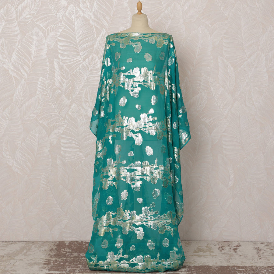 Turquoise and Silver Floral Silk Chiffon Dirac Fabric with Metallic Lurex, 3.5 Meters, 140 cm Width-D20802