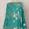 Turquoise and Silver Floral Silk Chiffon Dirac Fabric with Metallic Lurex, 3.5 Meters, 140 cm Width-D20802