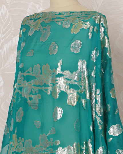 Turquoise and Silver Floral Silk Chiffon Dirac Fabric with Metallic Lurex, 3.5 Meters, 140 cm Width-D20802