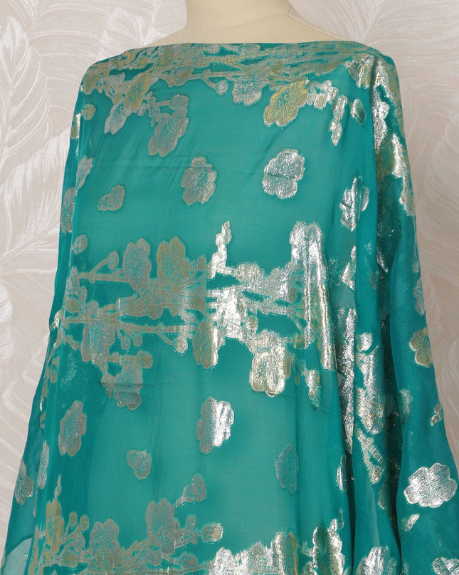 Turquoise and Silver Floral Silk Chiffon Dirac Fabric with Metallic Lurex, 3.5 Meters, 140 cm Width-D20802