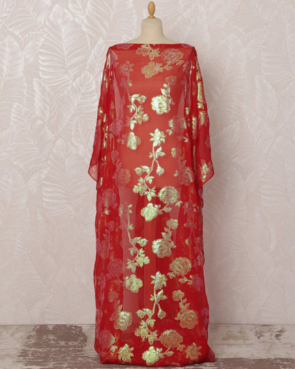 Red and Gold Floral Silk Chiffon Dirac Fabric with Metallic Lurex, 3.5 Meters, 140 cm Width-D20803