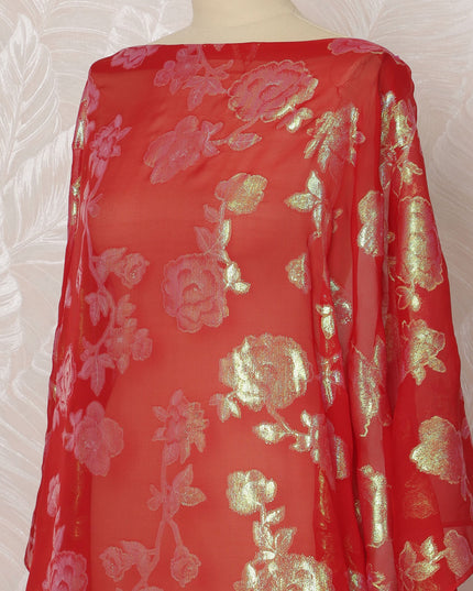 Red and Gold Floral Silk Chiffon Dirac Fabric with Metallic Lurex, 3.5 Meters, 140 cm Width-D20803