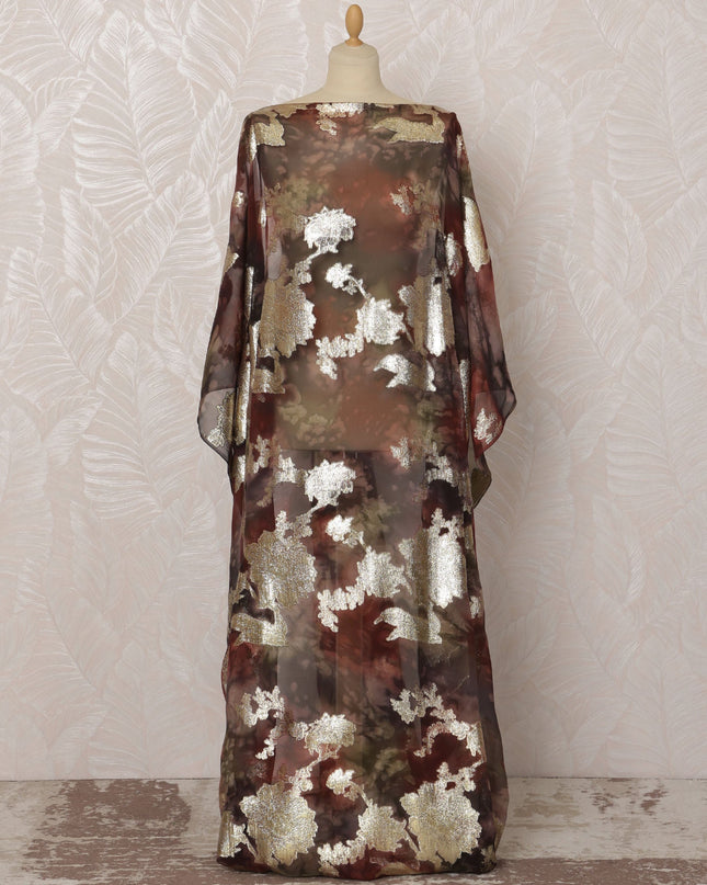 Brown and Silver Floral Silk Chiffon Dirac Fabric with Metallic Lurex, 3.5 Meters, 140 cm Width-D20804