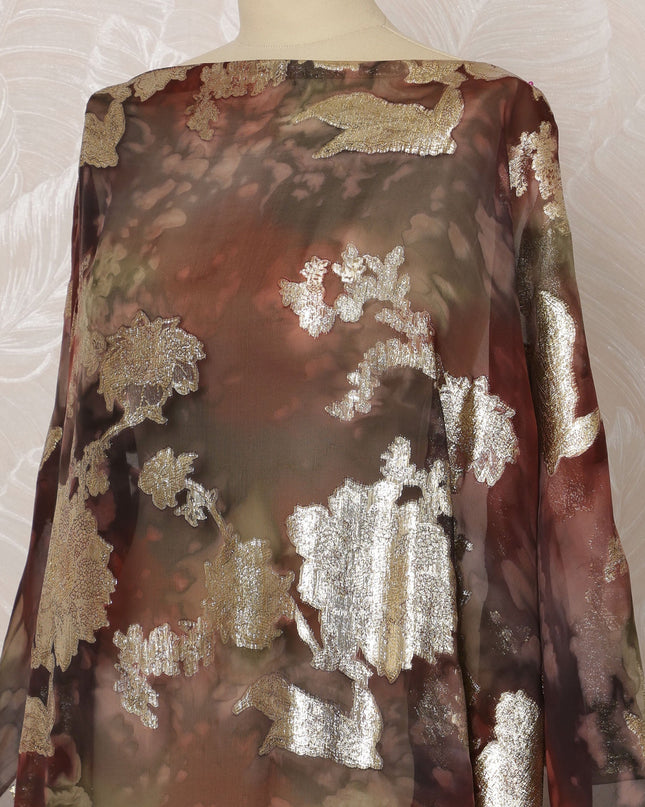 Brown and Silver Floral Silk Chiffon Dirac Fabric with Metallic Lurex, 3.5 Meters, 140 cm Width-D20804