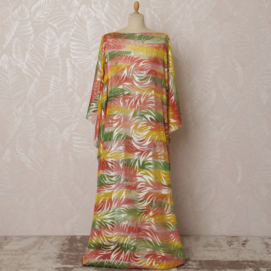 قماش شيفون حرير ديراك متعدد الألوان ونمط أوراق الذهب مع لوركس معدني، 3.5 متر، عرض 140 سم - D20808