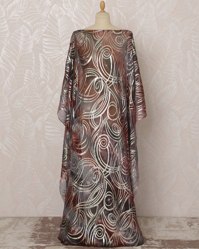 Brown and Silver Swirl Pattern Silk Chiffon Dirac Fabric with Metallic Lurex, 3.5 Meters, 140 cm Width-D20809