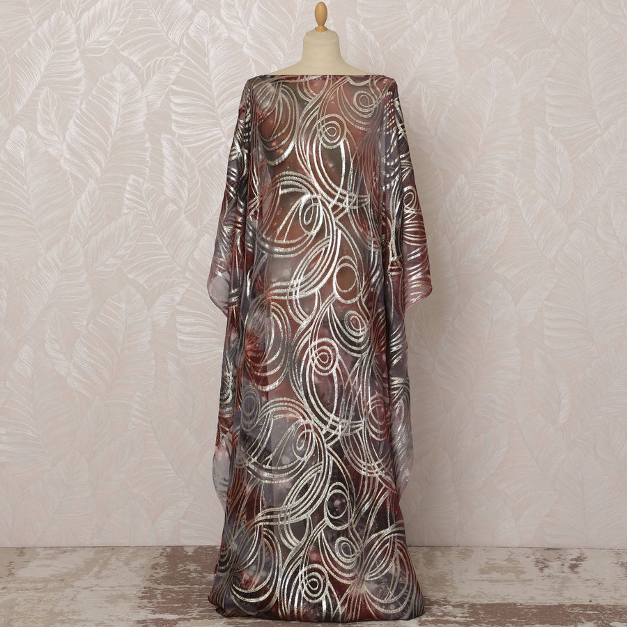 Brown and Silver Swirl Pattern Silk Chiffon Dirac Fabric with Metallic Lurex, 3.5 Meters, 140 cm Width-D20809