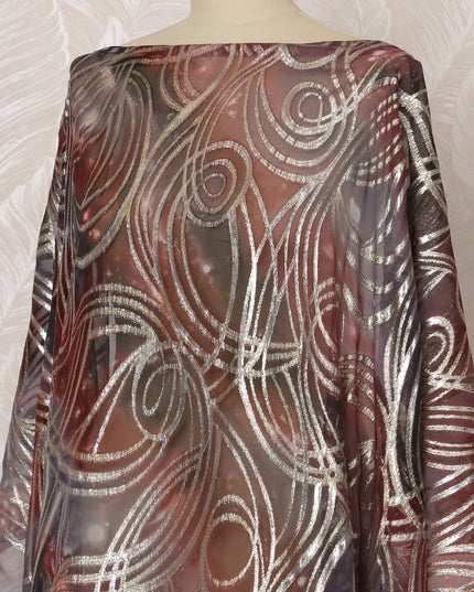 Brown and Silver Swirl Pattern Silk Chiffon Dirac Fabric with Metallic Lurex, 3.5 Meters, 140 cm Width-D20809