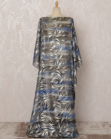 Blue and Silver Leaf Pattern Silk Chiffon Dirac Fabric with Metallic Lurex, 3.5 Meters, 140 cm Width-D20810