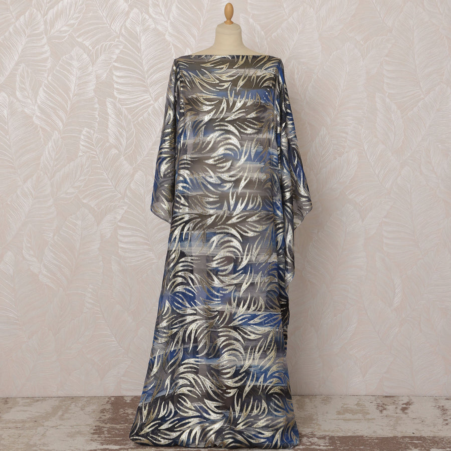 Blue and Silver Leaf Pattern Silk Chiffon Dirac Fabric with Metallic Lurex, 3.5 Meters, 140 cm Width-D20810