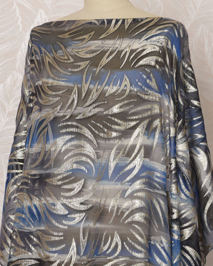 Blue and Silver Leaf Pattern Silk Chiffon Dirac Fabric with Metallic Lurex, 3.5 Meters, 140 cm Width-D20810