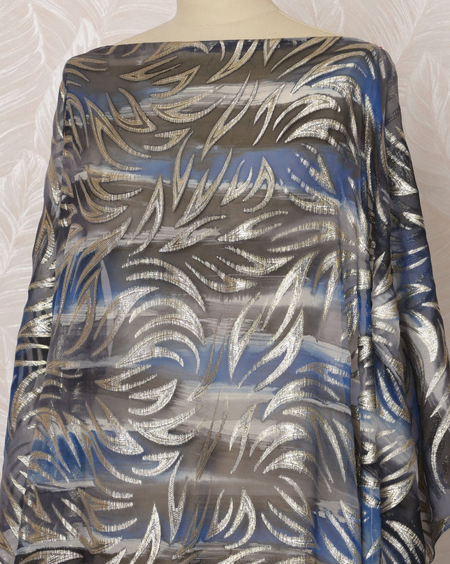 Blue and Silver Leaf Pattern Silk Chiffon Dirac Fabric with Metallic Lurex, 3.5 Meters, 140 cm Width-D20810