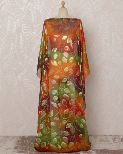 Orange and Green Leaf Pattern Silk Chiffon Dirac Fabric with Metallic Lurex, 3.5 Meters, 140 cm Width-D20812