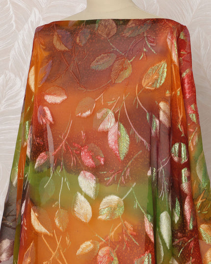 Orange and Green Leaf Pattern Silk Chiffon Dirac Fabric with Metallic Lurex, 3.5 Meters, 140 cm Width-D20812